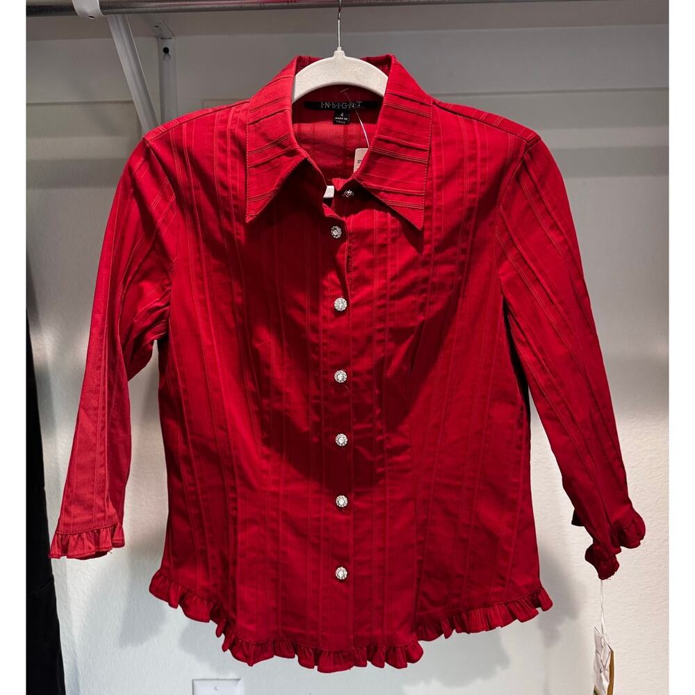 Vintage Deadstock Insight Women's Button Up Blouse Size 4 Red Ruffle‎